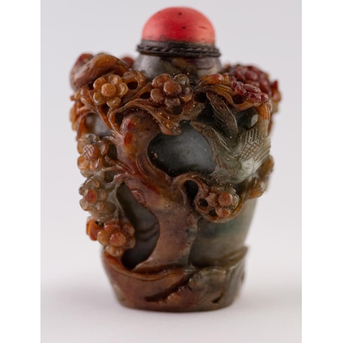 30 - A GOOD CHINESE QING DYNASTY CARVED THREE COLOUR JADE SNUFF BOTTLE the grey-green stone with russet i... 