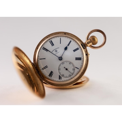 136 - ROTHERHAMS, LONDON, EDWARDIAN 18ct GOLD FULL HUNTER POCKET WATCH with keyless movement, white roman ... 