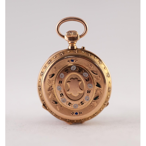 140 - EARLY 20th CENTURY FRENCH ANTIQUE GOLD AND ENAMELLED FOB WATCH, the keyless movement having ten rubi... 
