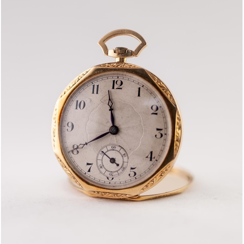 142 - GENTLEMAN'S 18ct TWO COLOUR GOLD OPEN FACED POCKET WATCH, with keyless movement, circular silvered a... 