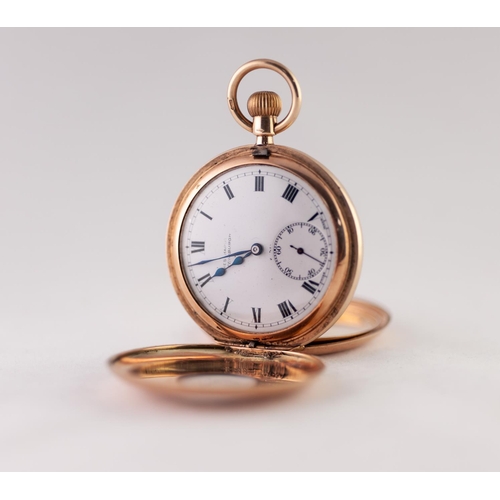 144 - ZENITH 9ct GOLD DEMI HUNTER POCKET WATCH with Swiss keyless movement No 284664, roman white dial wit... 