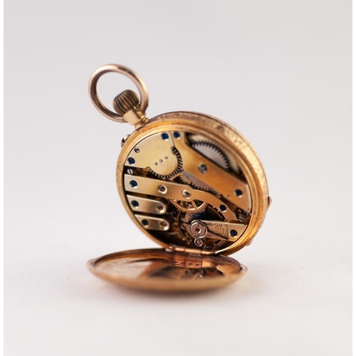 146 - LADY'S 18ct GOLD OPEN FACED POCKET WATCH, with keyless movement, decorated white porcelain roman dia... 