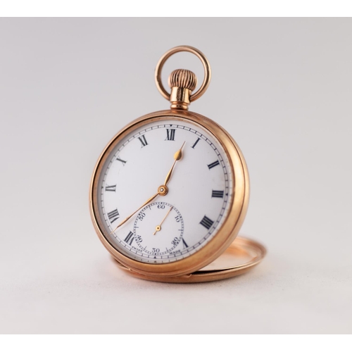147 - 9ct GOLD OPEN FACED POCKET WATCH with keyless 15 jewels Swiss movement, white roman dial with subsid... 