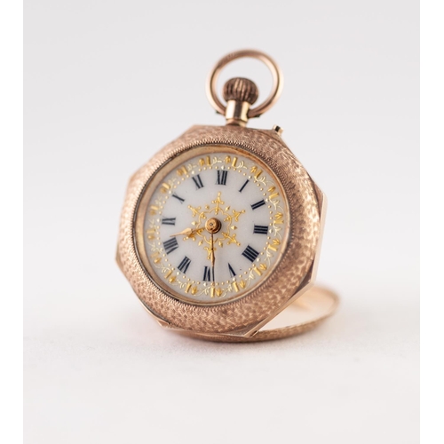 150 - EDWARDIAN 9ct GOLD FOB WATCH with keyless movement, roman white porcelain dial with gilt decoration,... 