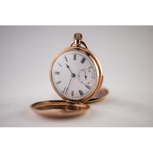 151 - 9ct GOLD FULL HUNTER POCKET WATCH, with keyless movement, white roman dial with subsidiary dial, pla... 