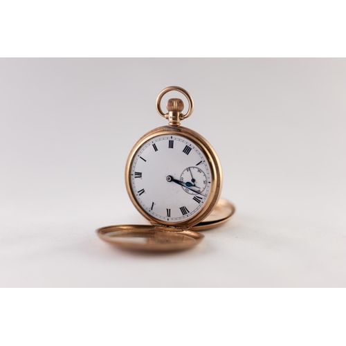 152 - RECORD, SWISS 9ct GOLD FULL HUNTER POCKET WATCH with keyless 15 jewels movement, white roman dial wi... 