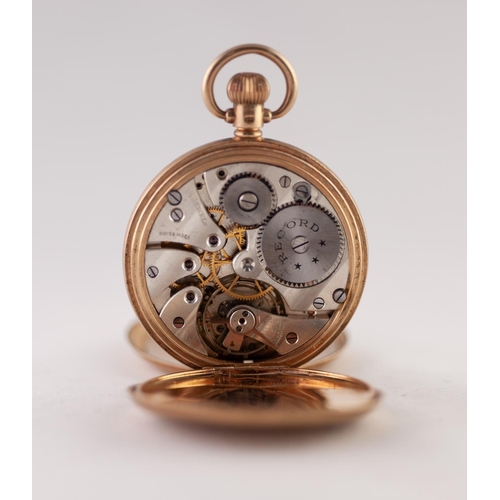 152 - RECORD, SWISS 9ct GOLD FULL HUNTER POCKET WATCH with keyless 15 jewels movement, white roman dial wi... 