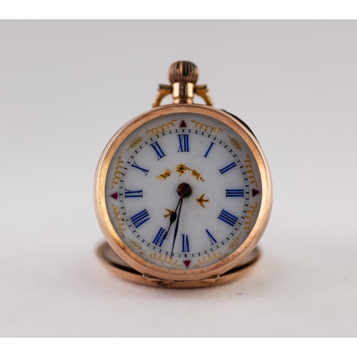 153 - LADY'S EARLY 20th CENTURY 14K GOLD POCKET WATCH with keyless movement, white porcelain roman dial wi... 