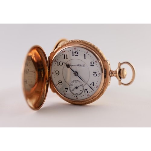 155 - HAMPDEN WATCH CO, CANTON, OHIO, 14K MULTI-COLOUR GOLD FULL HUNTER POCKET WATCH, with keyless 17 jewe... 