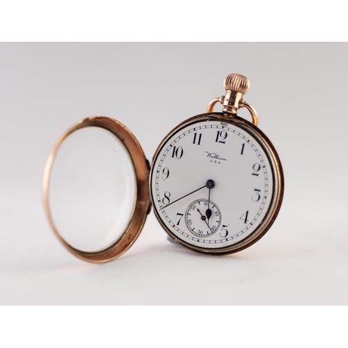 156 - WALTHAM USA, 9ct GOLD OPEN FACED POCKET WATCH, with keyless movement, white arabic dial with subsidi... 