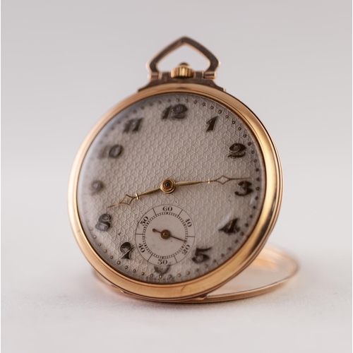 157 - GENTLEMAN'S 9ct GOLD OPEN FACED POCKET WATCH, with keyless 15 jewels movement, the silvered honeycom... 