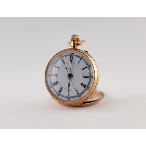 160 - LADY'S 14K GOLD POCKET WATCH with keyless movement, white roman dial with centre seconds hand, plain... 