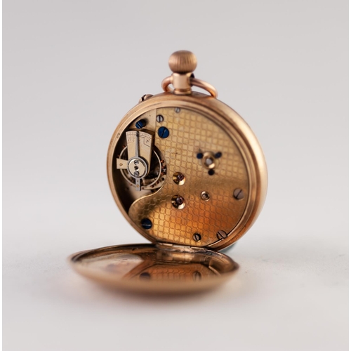 160 - LADY'S 14K GOLD POCKET WATCH with keyless movement, white roman dial with centre seconds hand, plain... 