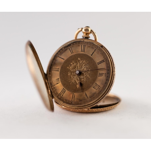 161 - 18k GOLD OPEN FACED POCKET WATCH with key wind movement, floral engraved roman dial, the case engine... 