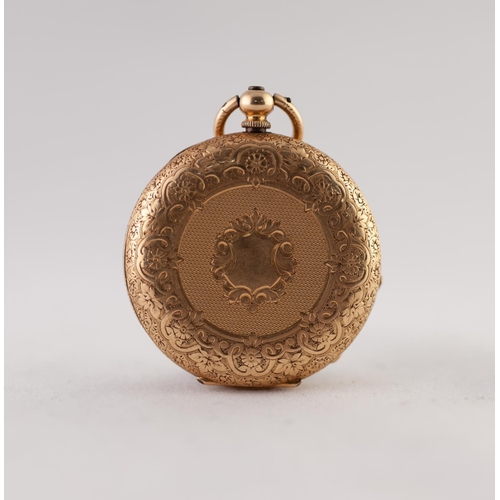 161 - 18k GOLD OPEN FACED POCKET WATCH with key wind movement, floral engraved roman dial, the case engine... 