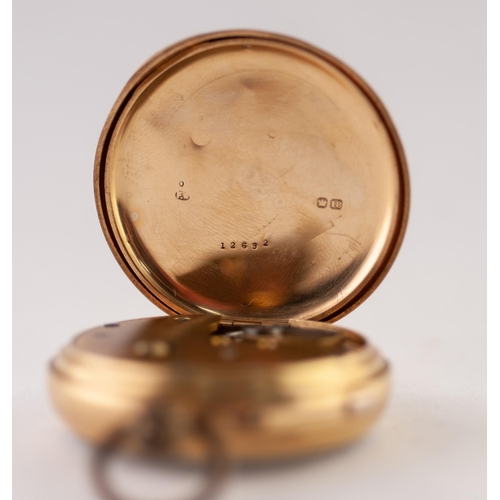 164 - LATE VICTORIAN 18CT GOLD OPEN FACED POCKET WATCH with keyless movement, two part white roman dial wi... 