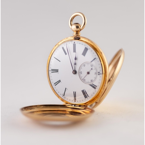 165 - 18k GOLD LADY'S DEMI HUNTER POCKET WATCH with keywind movement, white roman dial with subsidiary sec... 