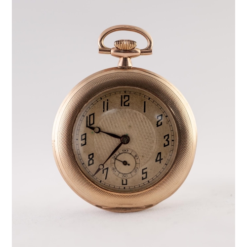 166 - 9ct GOLD SLIM OPEN FACED DRESS POCKET WATCH, discus shaped with 15 jewel keyless movement, textured ... 