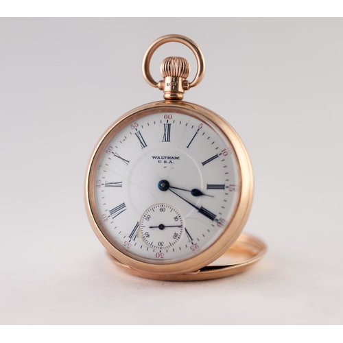 167 - WALTHAM, USA, 9ct GOLD OPEN FACED POCKET WATCH, with keyless movement, NO23908263, white roman dial ... 