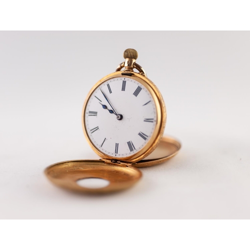 170 - 18k GOLD LADY'S DEMI HUNTER POCKET WATCH, with keyless movement, white porcelain roman dial, the cas... 