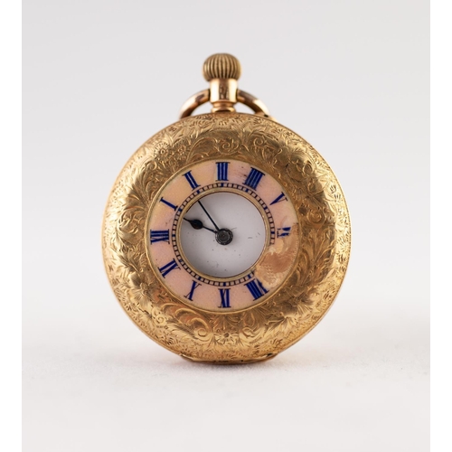 170 - 18k GOLD LADY'S DEMI HUNTER POCKET WATCH, with keyless movement, white porcelain roman dial, the cas... 