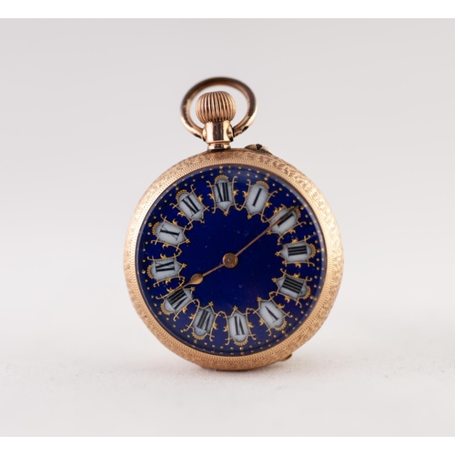 171 - 14k GOLD LADY'S POCKET WATCH with keyless movement, the dark blue enamelled dial with white aperture... 