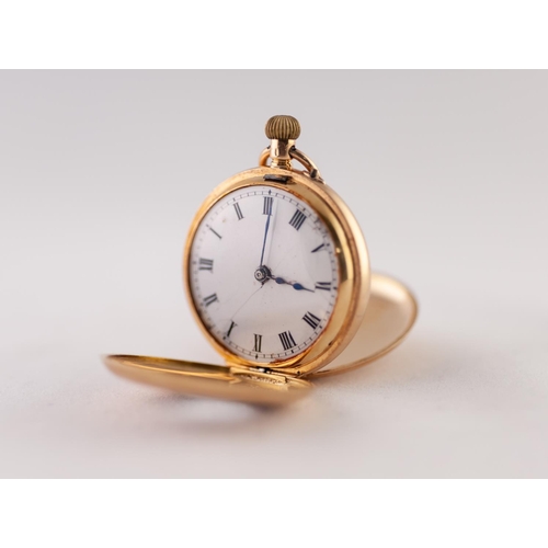 173 - 18k GOLD LADY'S DEMI HUNTER POCKET WATCH with keyless movement, white roman dial, the case having pi... 
