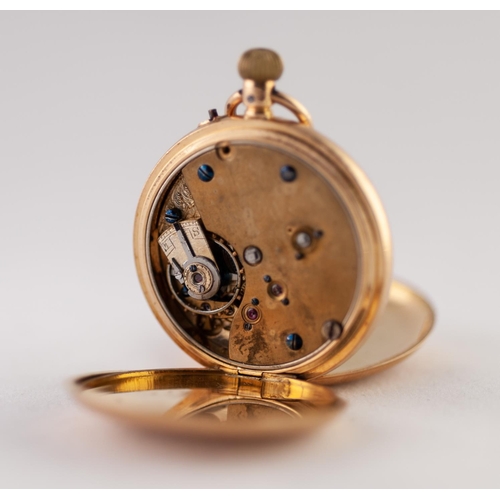 173 - 18k GOLD LADY'S DEMI HUNTER POCKET WATCH with keyless movement, white roman dial, the case having pi... 