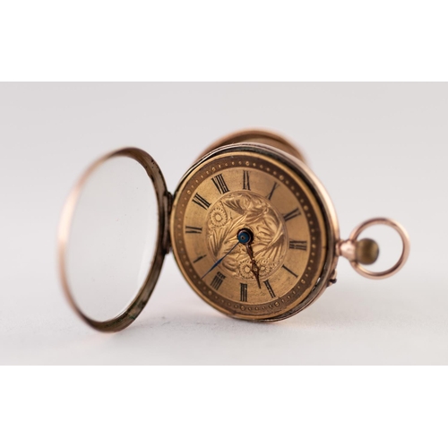 174 - H. SAMUELS EDWARDIAN OPEN FACED FOB WATCH, with Swiss keyless movement, floral engraved gold coloure... 