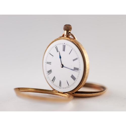 175 - 18k GOLD LADY'S OPEN FACED POCKET WATCH with keyless movement, roman white dial, all-over floral and... 