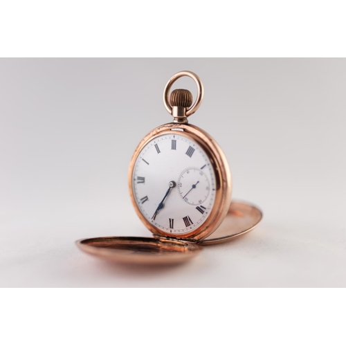 176 - 9ct GOLD FULL HUNTER POCKET WATCH, with Swiss 17 jewels keyless movement, white roman dial with subs... 