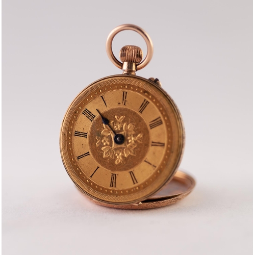 178 - 14k GOLD LADY'S POCKET WATCH with keyless movement, gold coloured roman dial with floral and foliate... 