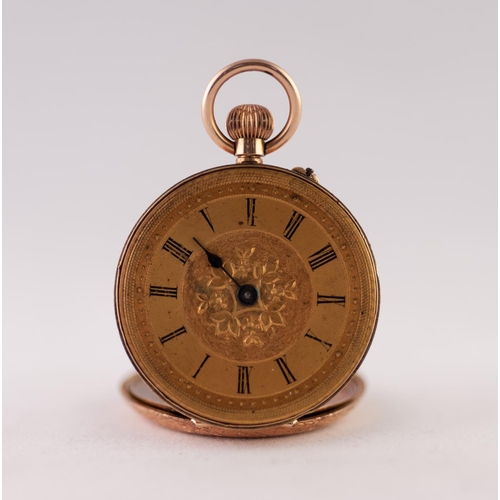 178 - 14k GOLD LADY'S POCKET WATCH with keyless movement, gold coloured roman dial with floral and foliate... 