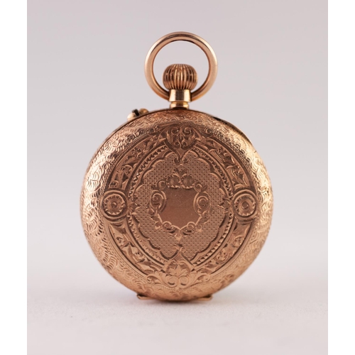 178 - 14k GOLD LADY'S POCKET WATCH with keyless movement, gold coloured roman dial with floral and foliate... 