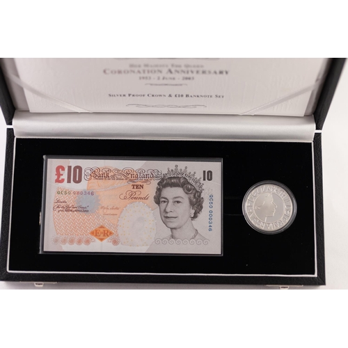 127 - ELIZABETH II  ROYAL MINT 2003 LIMITED EDITION PROOF SILVER CROWN AND TEN POUND BANKNOTE SET, EDITION... 