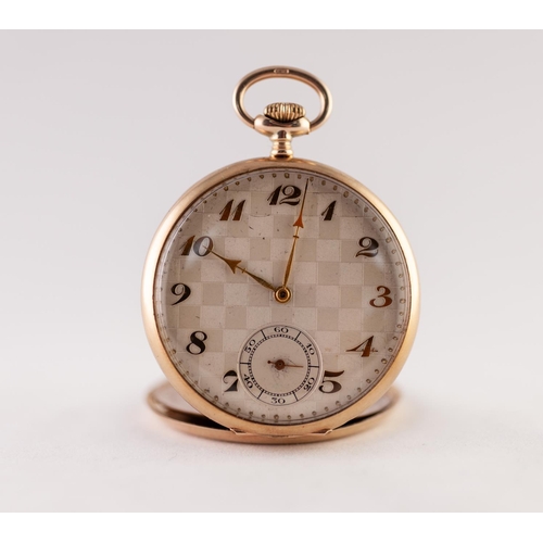 185 - 9ct GOLD OPEN FACED POCKET WATCH with keyless movement, the silvered dial having chequer board patte... 