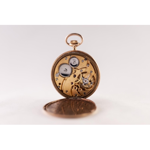 185 - 9ct GOLD OPEN FACED POCKET WATCH with keyless movement, the silvered dial having chequer board patte... 