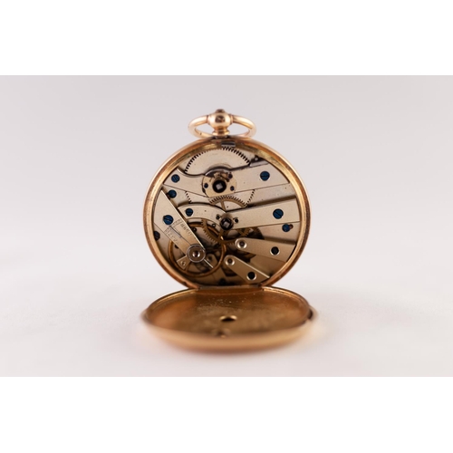 183 - 18k GOLD OPEN FACED POCKET WATCH, with keywind movement, white roman dial with subsidiary seconds di... 