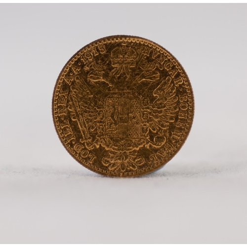 107 - AUSTRIAN 1915 ONE DUCAT GOLD COIN, 3.4gms (F)