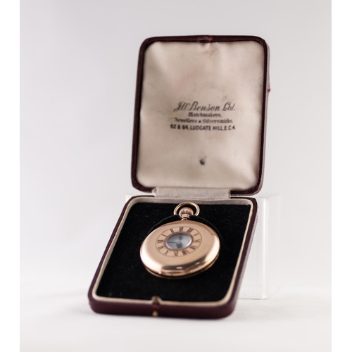 195 - J.W. BENSON, LONDON, 9ct GOLD DEMI HUNTER POCKET WATCH WITH SWISS 15 JEWELS MOVEMENT, roman white di... 