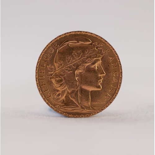 75 - FRENCH 1908 TWENTY FRANCS GOLD COIN, 6.5gms (EF)