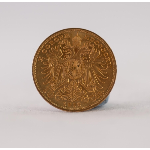 77 - AUSTRIAN 1912 10 CORONA GOLD COIN, 3.5gms