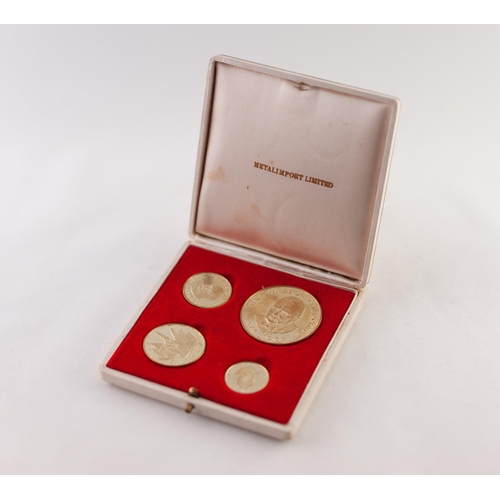 82 - FOUR CHURCHILL 18ct GOLD COMMEMORATIVE MEDALLIONS, in case, 60gms total weight