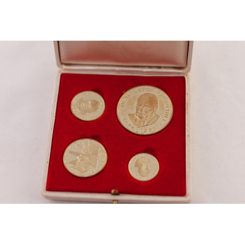 82 - FOUR CHURCHILL 18ct GOLD COMMEMORATIVE MEDALLIONS, in case, 60gms total weight