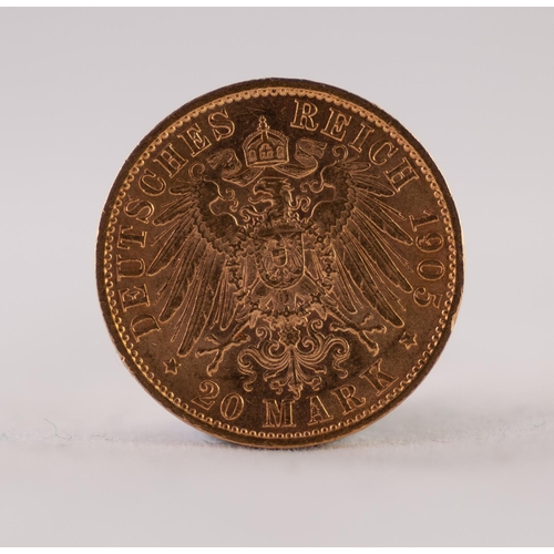 93 - DEUTSCHSREICH 20 MARK GOLD COIN 1905, 8gms (EF)