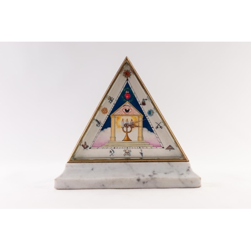 235 - GILT BRASS TRIANGULAR FRAMED MASONIC MANTEL CLOCK WITH WATCH-TYPE KEY WIND MOVEMENT, WITH COMPENSATI... 