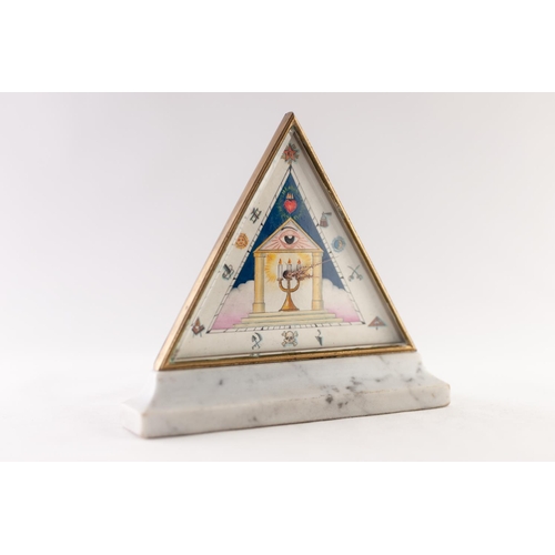 235 - GILT BRASS TRIANGULAR FRAMED MASONIC MANTEL CLOCK WITH WATCH-TYPE KEY WIND MOVEMENT, WITH COMPENSATI... 