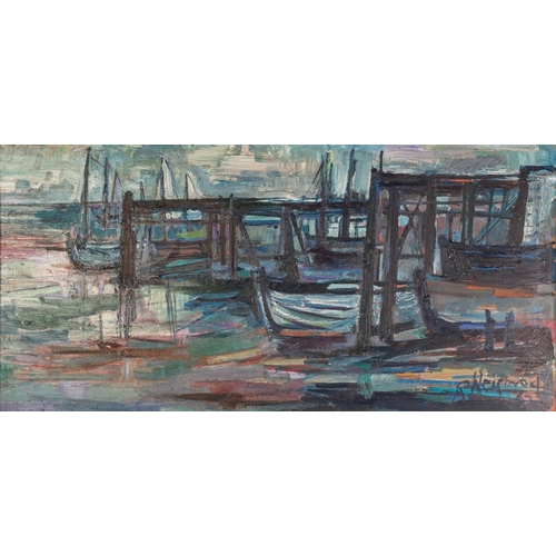 171 - RICHARD WEISBROD (1906-1991) 
OIL ON BOARD 
‘At Skippool’, moored boats and jetties 
Signed and date... 