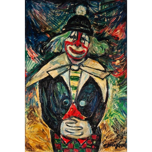 172 - RICHARD WEISBROD (1906-1991) OIL ON BOARD ‘Clown’, half length portrait Signed, titled verso 28 ½” x... 