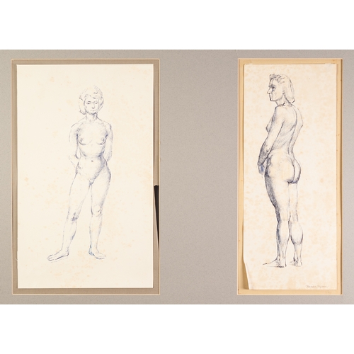 74 - NORMAN C JAQUES (1922-2014)TWO BLUE PEN DRAWINGS Standing female nude One signed14 ¾” x 6” (37.5cm x... 